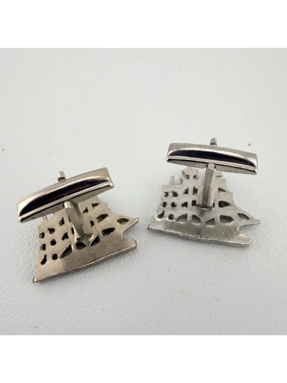 Vintage Cufflinks Set of 2 Tall Ships Mayflower Silver Tone Nautical Sailing